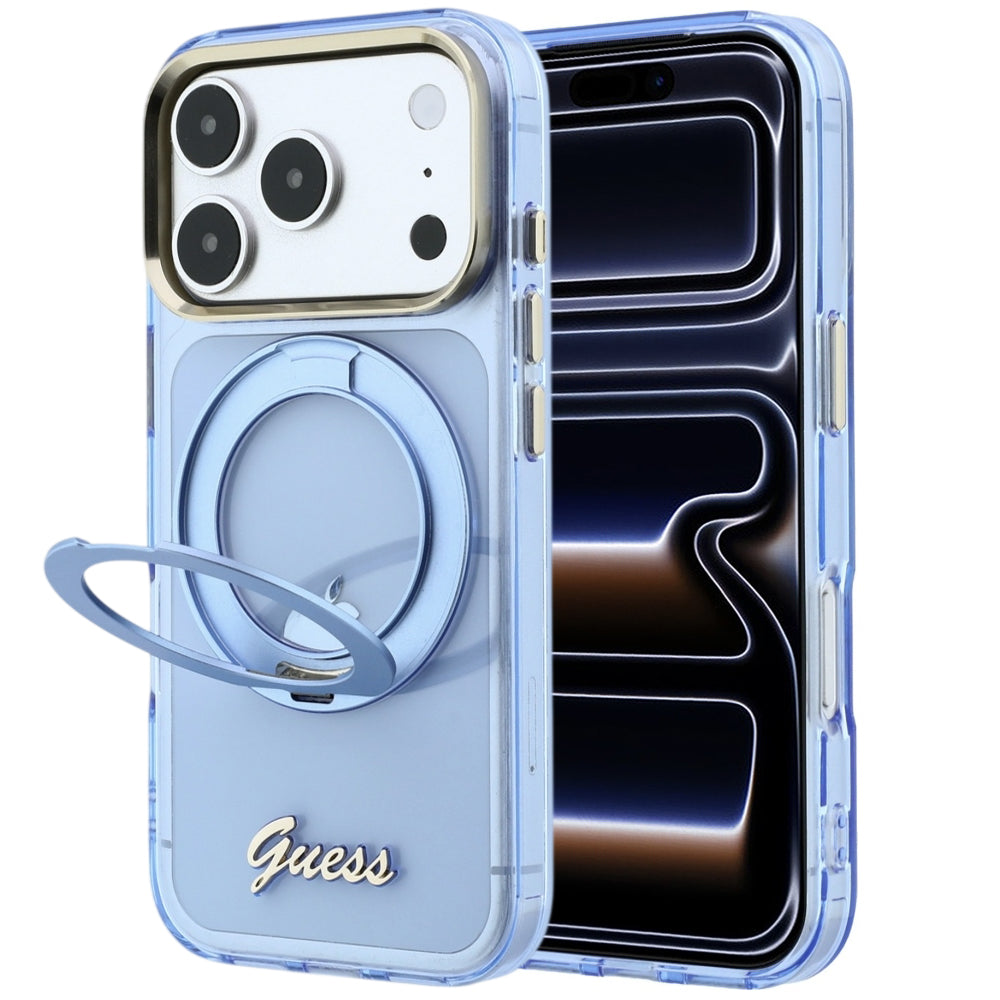 MagSafe Case for Apple iPhone 18 Pro Max / 17 Pro Max, Guess, Ring Stand Script Metal Logo, Blue