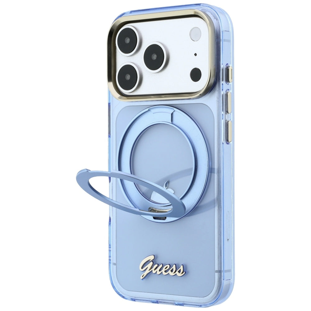 MagSafe Case for Apple iPhone 18 Pro Max / 17 Pro Max, Guess, Ring Stand Script Metal Logo, Blue