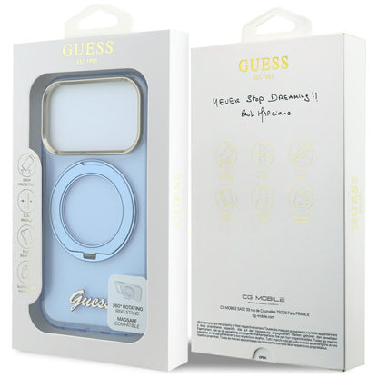 MagSafe Case for Apple iPhone 18 Pro Max / 17 Pro Max, Guess, Ring Stand Script Metal Logo, Blue