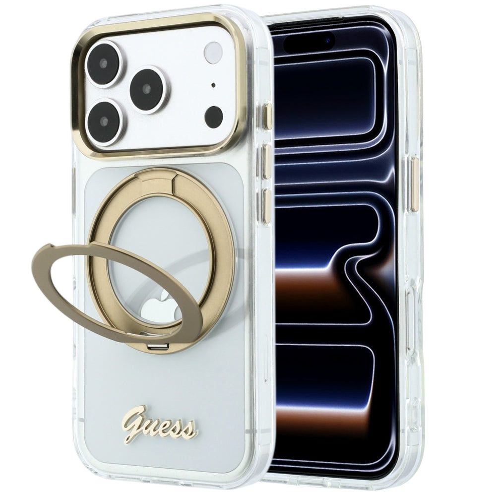 MagSafe Case for Apple iPhone 18 Pro Max / 17 Pro Max, Guess, Ring Stand Script Metal Logo, Transparent