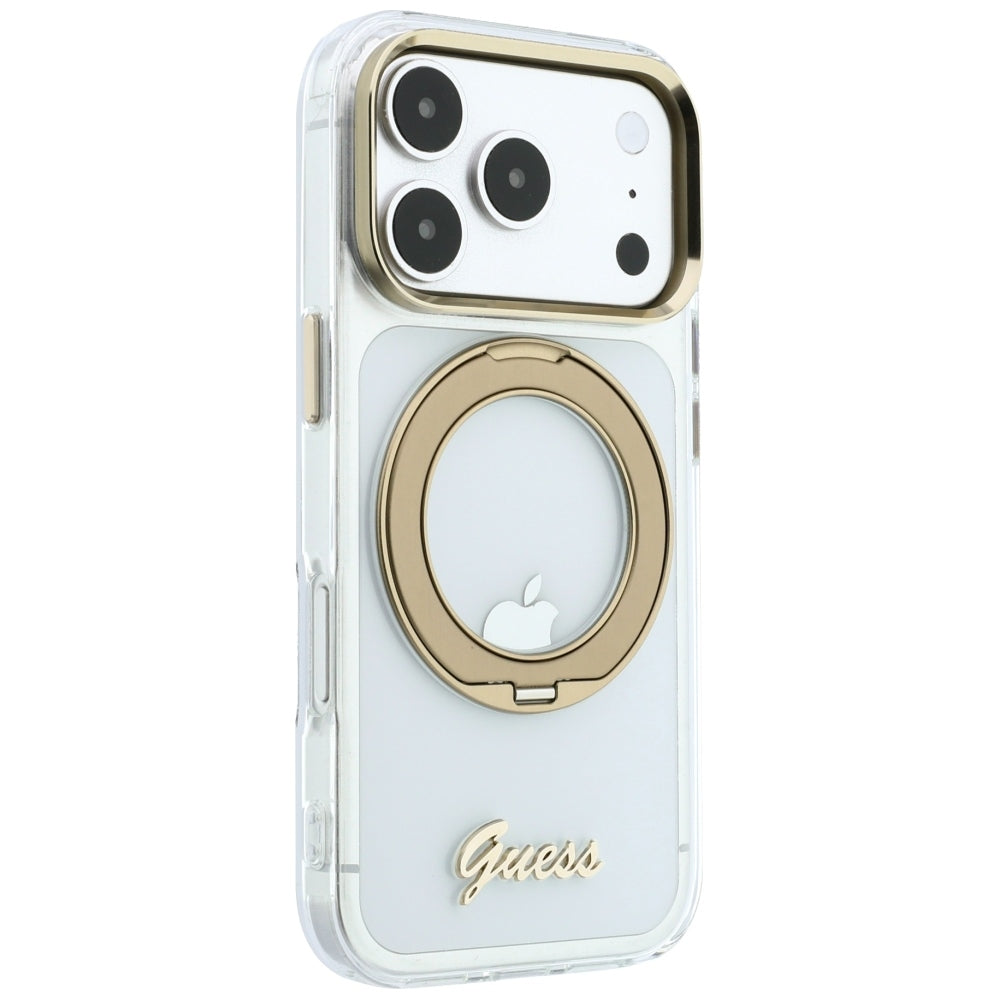 MagSafe Case for Apple iPhone 18 Pro Max / 17 Pro Max, Guess, Ring Stand Script Metal Logo, Transparent