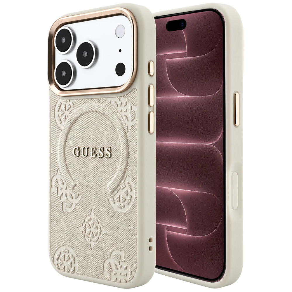 MagSafe Case for Apple iPhone 18 Pro Max / 17 Pro Max, Guess, Saffiano Peony Hot Stamp, Beige