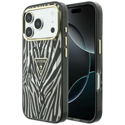 MagSafe Case for Apple iPhone 18 Pro Max / 17 Pro Max, Guess, Zebra Glitter Triangle Logo, Silver