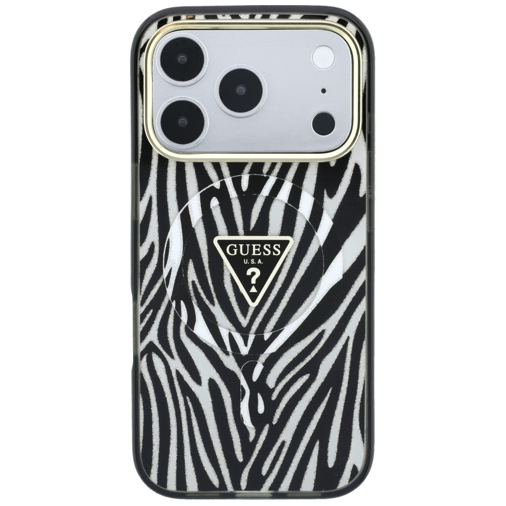 MagSafe Case for Apple iPhone 18 Pro Max / 17 Pro Max, Guess, Zebra Glitter Triangle Logo, Silver