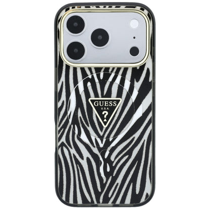 MagSafe Case for Apple iPhone 18 Pro Max / 17 Pro Max, Guess, Zebra Glitter Triangle Logo, Silver