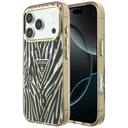 MagSafe Case for Apple iPhone 18 Pro Max / 17 Pro Max, Guess, Zebra Glitter Triangle Logo, Gold