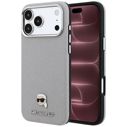 MagSafe Case for Apple iPhone 18 Pro Max / 17 Pro Max, Karl Lagerfeld, Grained Karl Head's Metal, Gray