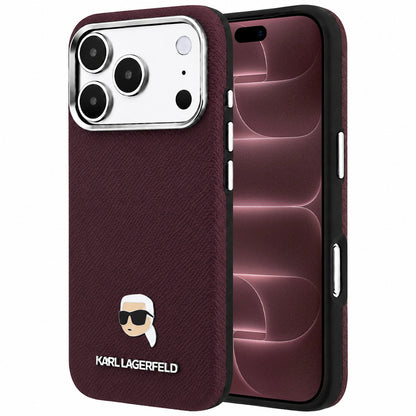 MagSafe Case for Apple iPhone 18 Pro Max / 17 Pro Max, Karl Lagerfeld, Grained Karl Head's Metal, Burgundy