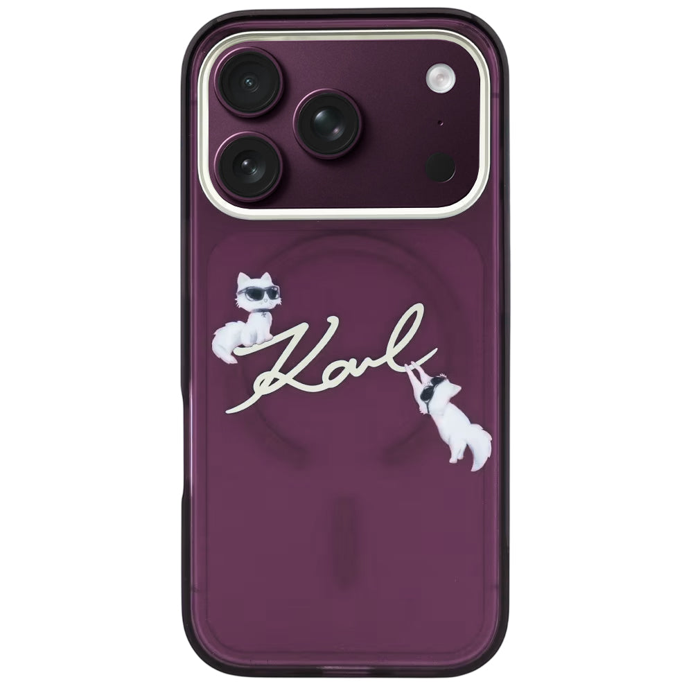 MagSafe Case for Apple iPhone 18 Pro Max / 17 Pro Max, Karl Lagerfeld, IML Choupette Karl Script Logo, Burgundy