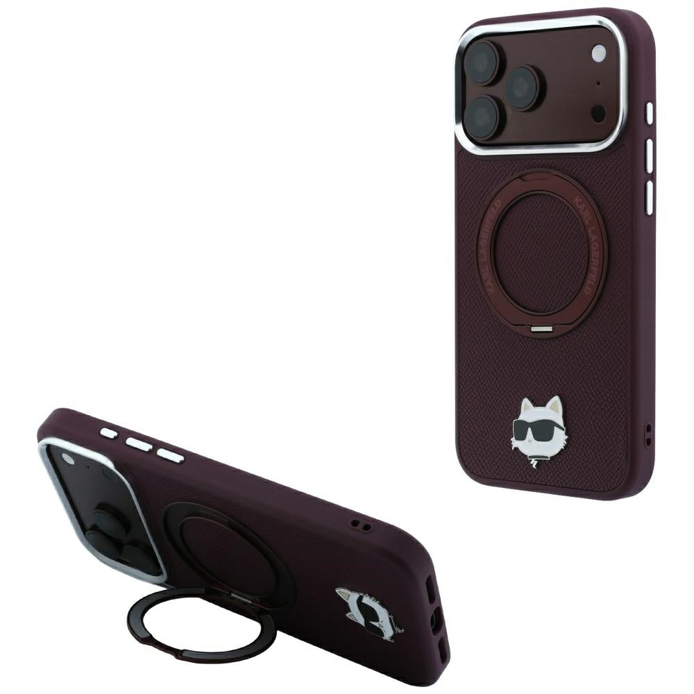 MagSafe Case for Apple iPhone 18 Pro Max / 17 Pro Max, Karl Lagerfeld, Saffiano Ring Stand 360 Choupette Pin, Burgundy