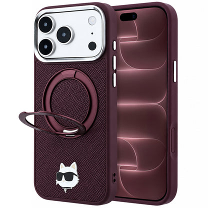 MagSafe Case for Apple iPhone 18 Pro Max / 17 Pro Max, Karl Lagerfeld, Saffiano Ring Stand 360 Choupette Pin, Burgundy