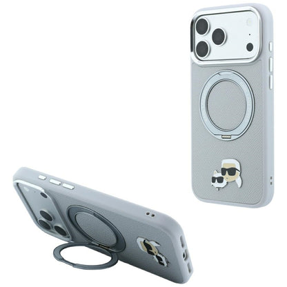 MagSafe Case for Apple iPhone 18 Pro Max / 17 Pro Max, Karl Lagerfeld, Ring Stand 360 Karl & Choupette Pin, Gray