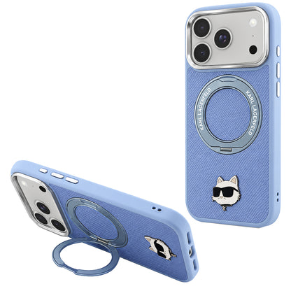 MagSafe Case for Apple iPhone 18 Pro Max / 17 Pro Max, Karl Lagerfeld, Saffiano Ring Stand 360 Choupette Pin, Blue