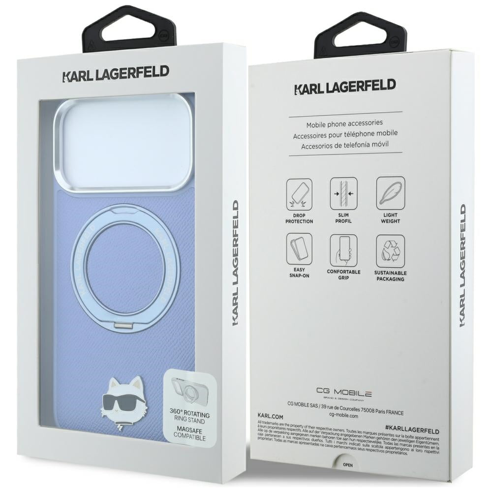 MagSafe Case for Apple iPhone 18 Pro Max / 17 Pro Max, Karl Lagerfeld, Saffiano Ring Stand 360 Choupette Pin, Blue