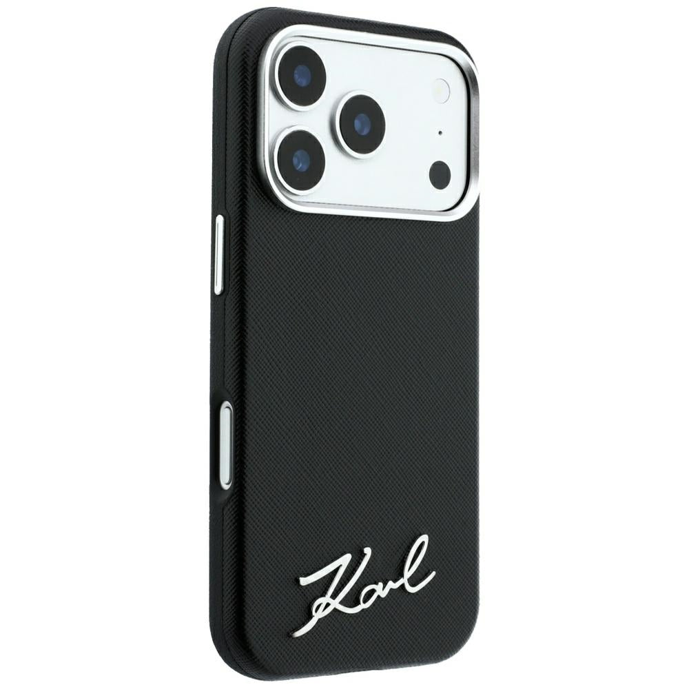MagSafe Case for Apple iPhone 18 Pro Max / 17 Pro Max, Karl Lagerfeld, Saffiano Small Script Metal Logo, Black