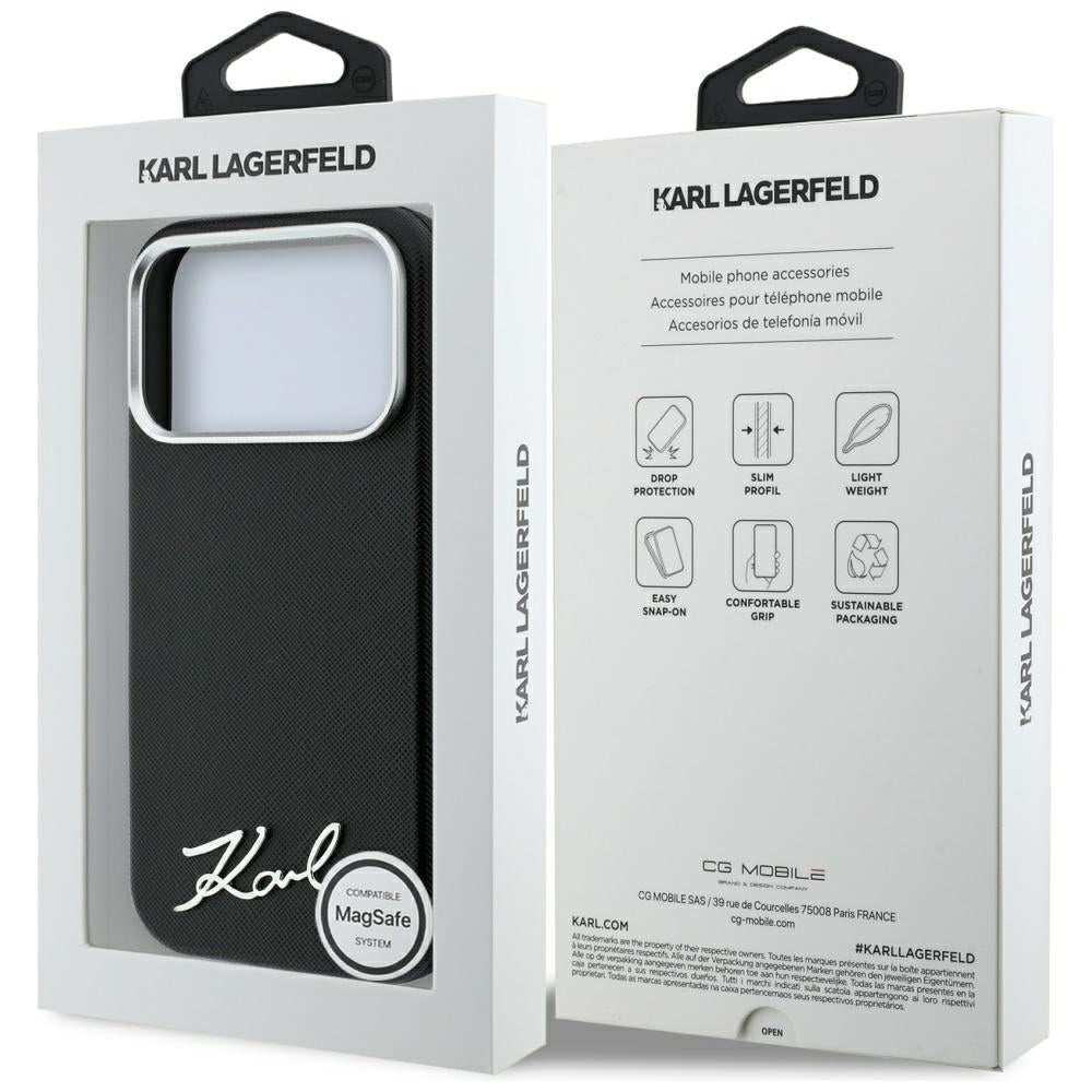 MagSafe Case for Apple iPhone 18 Pro Max / 17 Pro Max, Karl Lagerfeld, Saffiano Small Script Metal Logo, Black