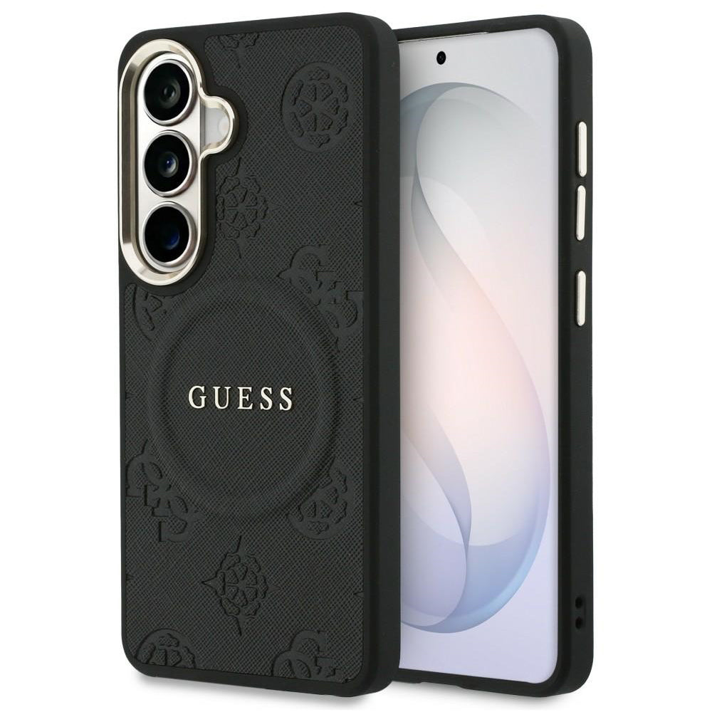 MagSafe Case for Samsung Galaxy S26 S942, Guess, Saffiano Peony Embossed Ring, Black