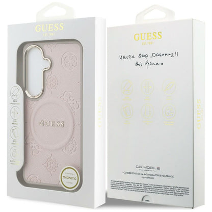 MagSafe Case for Samsung Galaxy S26 S942, Guess, Saffiano Peony Embossed Ring, Pink
