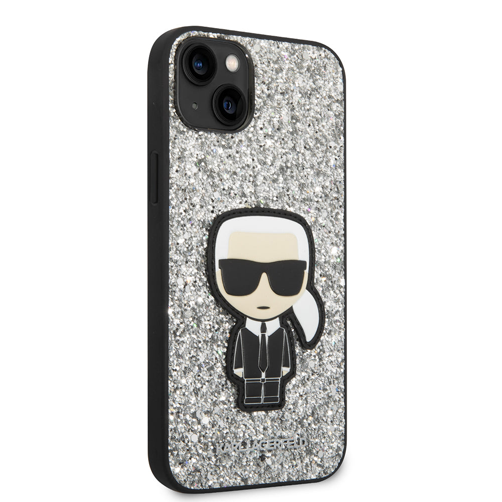 Case for Apple iPhone 14 Plus, Karl Lagerfeld, Glitter Flakes Ikonik Karl, Silver