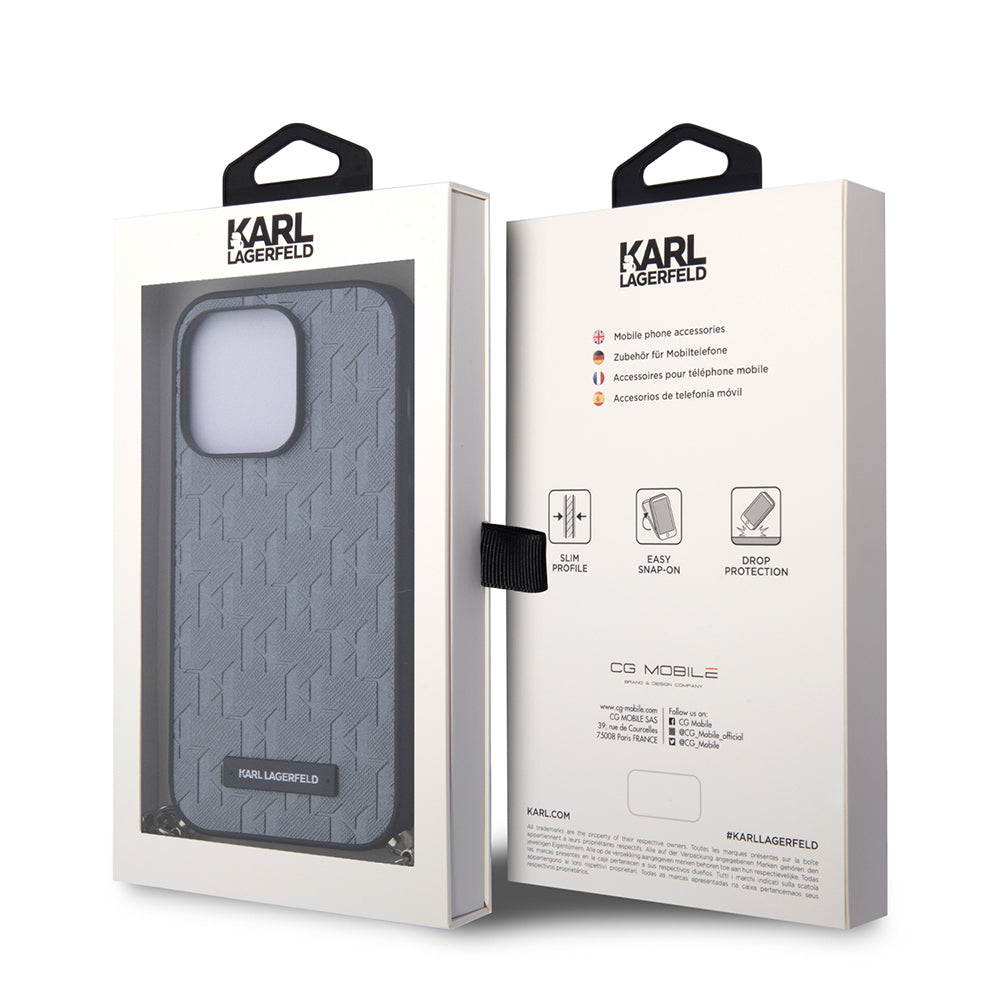 Case for Apple iPhone 14 Pro, Karl Lagerfeld, Saffiano Monogram Chain, Silver