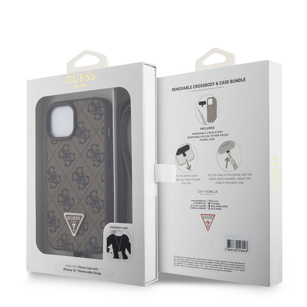 Case for Apple iPhone 15, Guess, Crossbody 4G Metal Logo, Brown