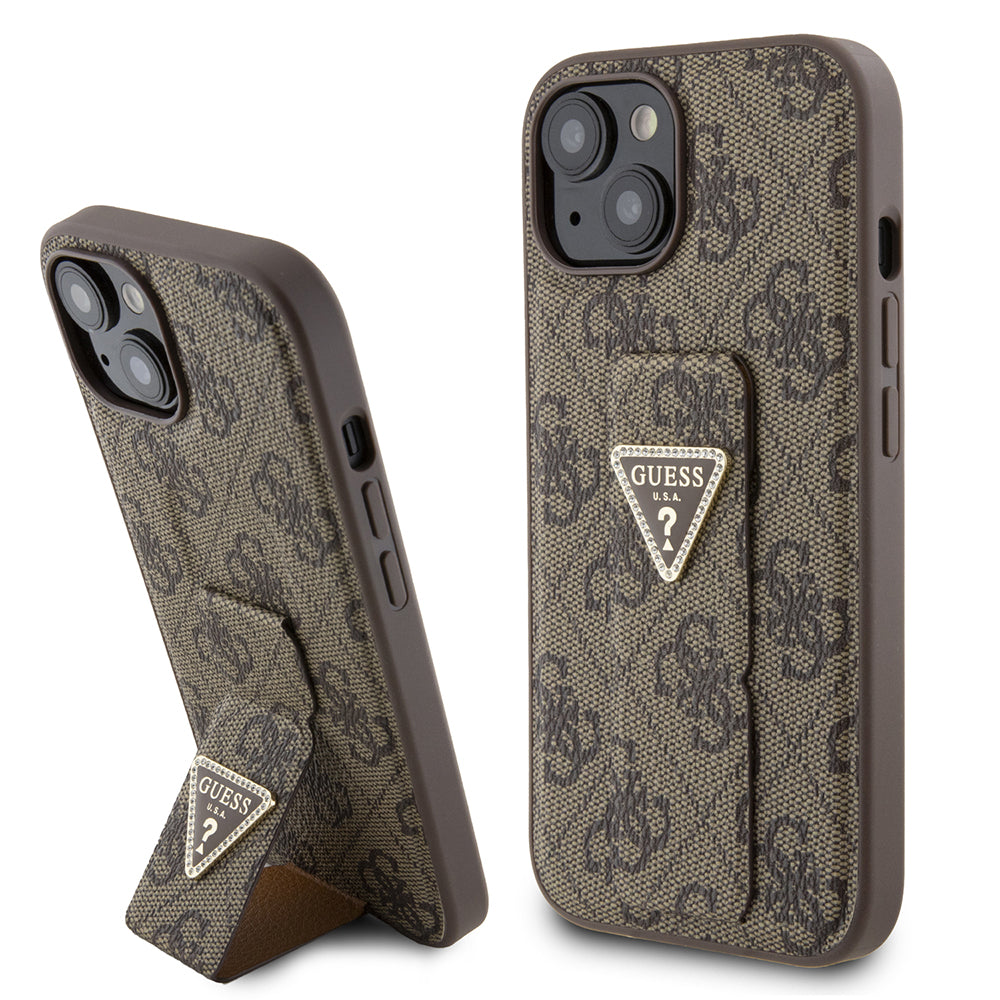 Case for Apple iPhone 15, Guess, Grip Stand 4G Triangle Strass, Brown