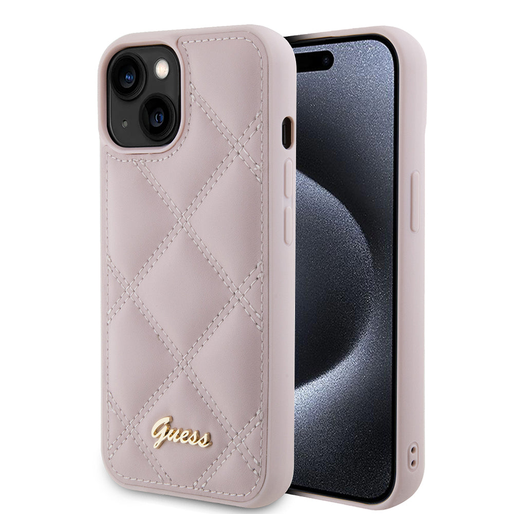 Case for Apple iPhone 15, Guess, Quilted Metal Logo, Pink