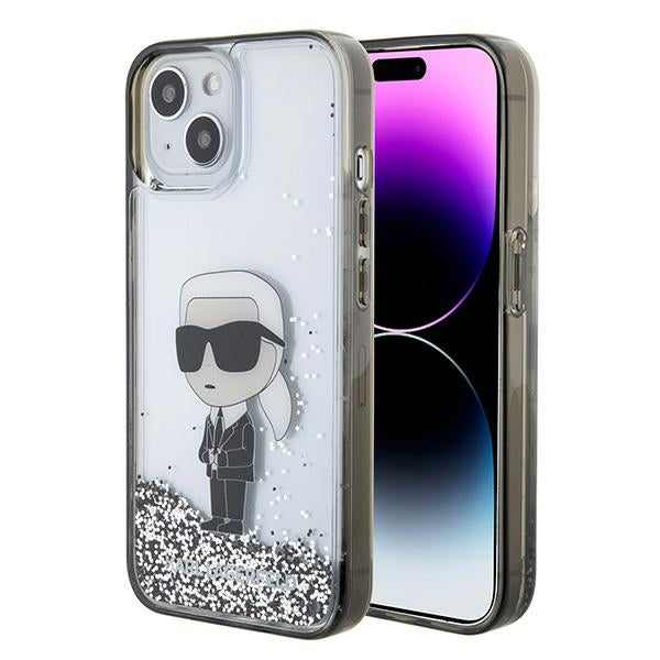 Case for Apple iPhone 15, Karl Lagerfeld, Liquid Glitter Ikonik Karl, Transparent