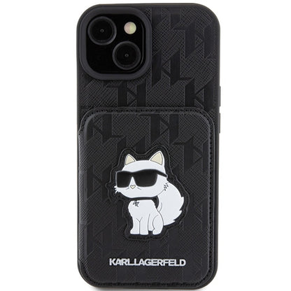 Case for Apple iPhone 15, Karl Lagerfeld, Saffiano Cardslots and Stand Monogram Choupette, Black