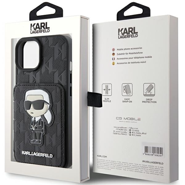 Case for Apple iPhone 15, Karl Lagerfeld, Saffiano Cardslots and Stand Monogram Ikonik Karl, Black