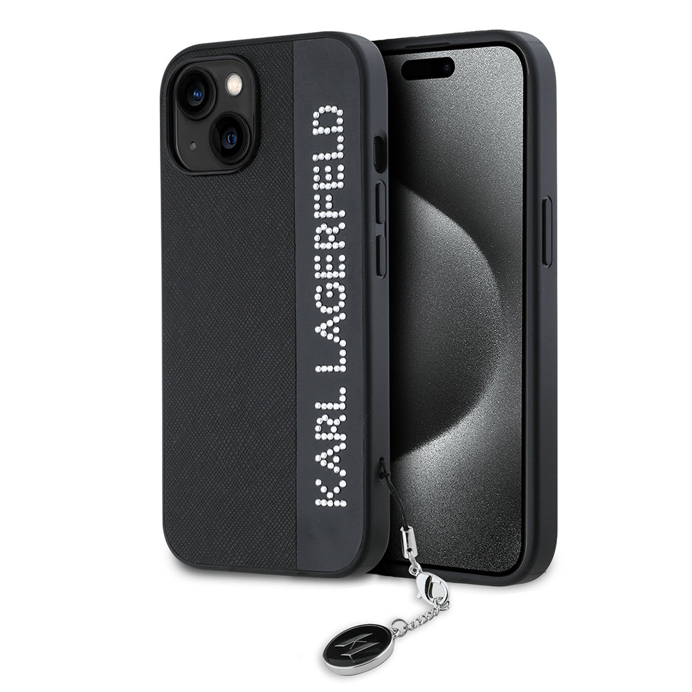 Case for Apple iPhone 15, Karl Lagerfeld, Saffiano Rhinestones & Charm, Black