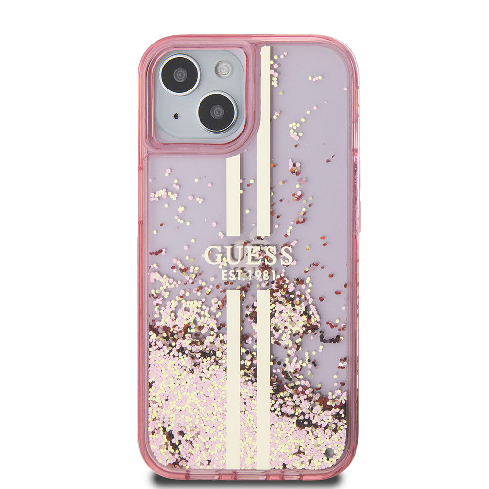 Case for Apple iPhone 15 Plus, Guess, Liquid Glitter Gold Stripes, Pink