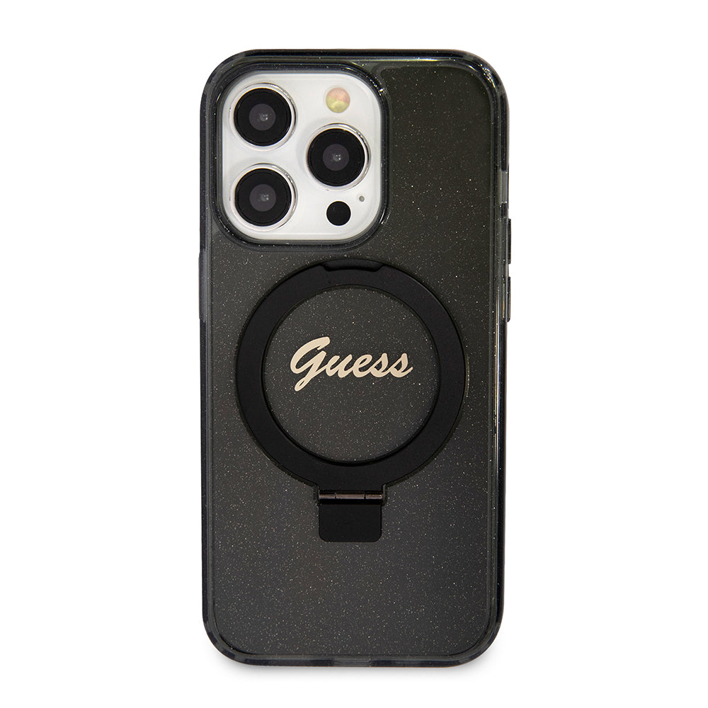 MagSafe Case for Apple iPhone 15 Pro, Guess, IML Ring Stand Glitter, Black