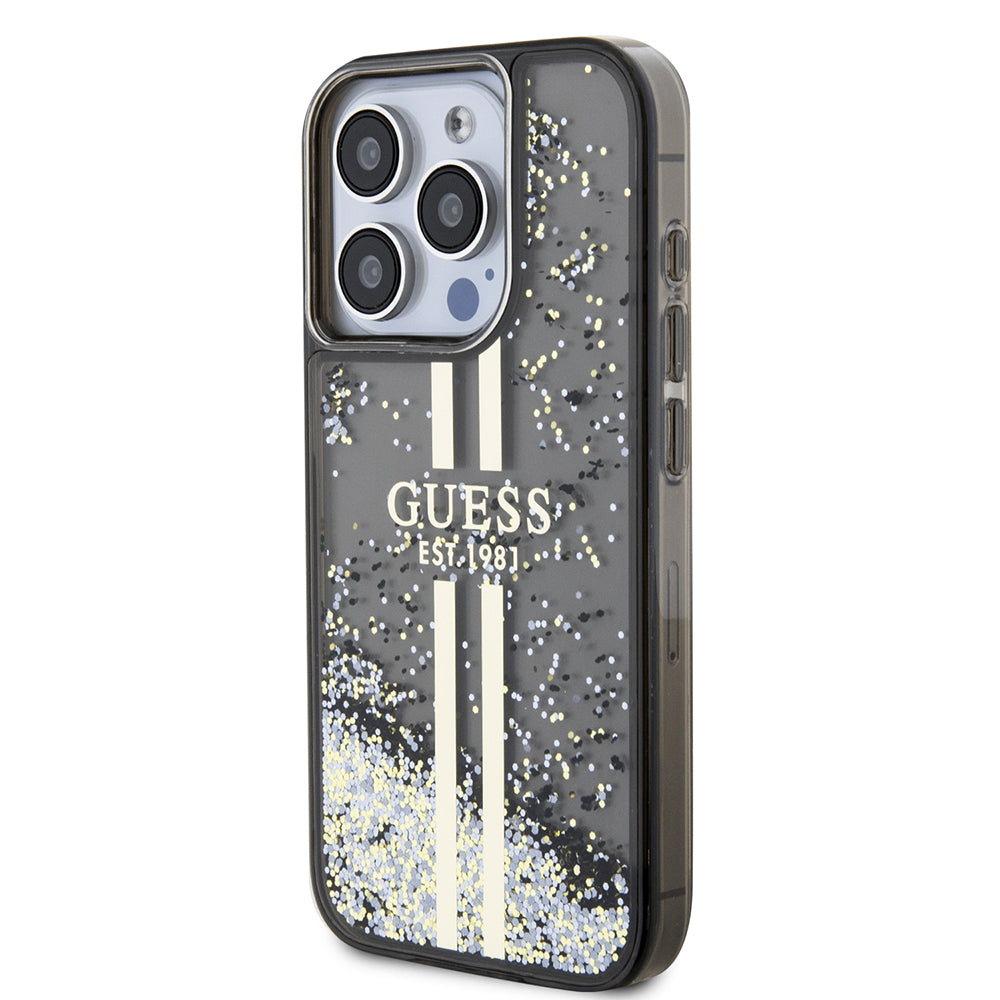 Case for Apple iPhone 15 Pro, Guess, Liquid Glitter Gold Stripe, Black
