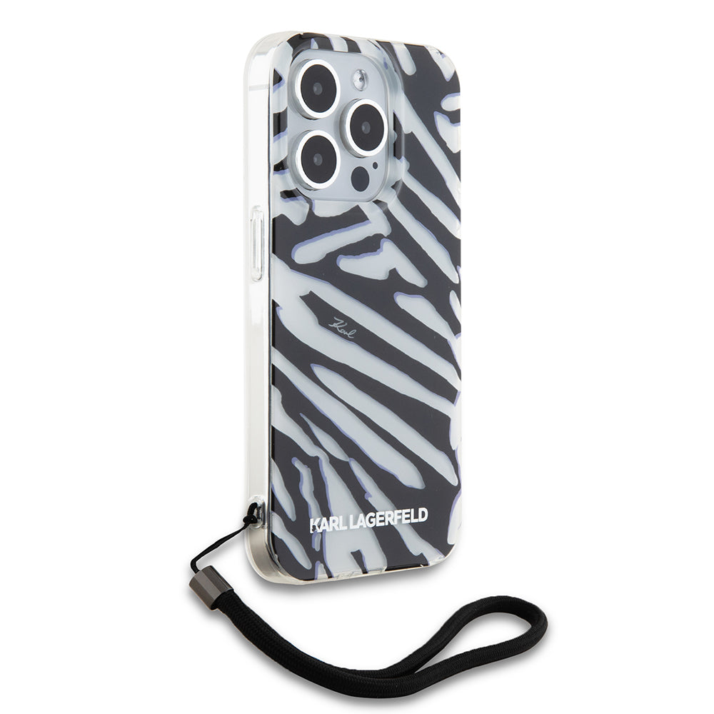 Case for Apple iPhone 15 Pro, Karl Lagerfeld, IML Luxury Zebra Pattern with Strap, Black
