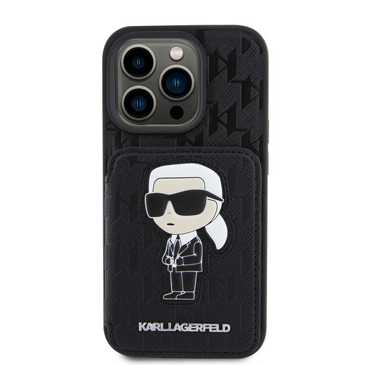Case for Apple iPhone 15 Pro, Karl Lagerfeld, Saffiano Cardslots and Stand Monogram Ikonik Karl, Black
