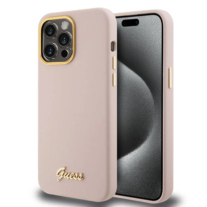 Case for Apple iPhone 15 Pro Max, Guess, Script Metal Logo & Frame, Light Pink