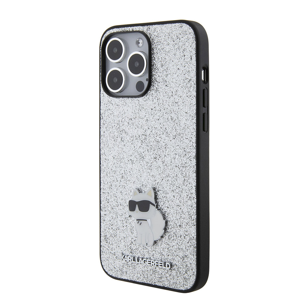 Case for Apple iPhone 15 Pro Max, Karl Lagerfeld, Glitter Fixed Choupette Logo, Silver