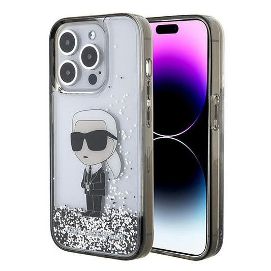Case for Apple iPhone 15 Pro Max, Karl Lagerfeld, Liquid Glitter Ikonik Karl, Transparent
