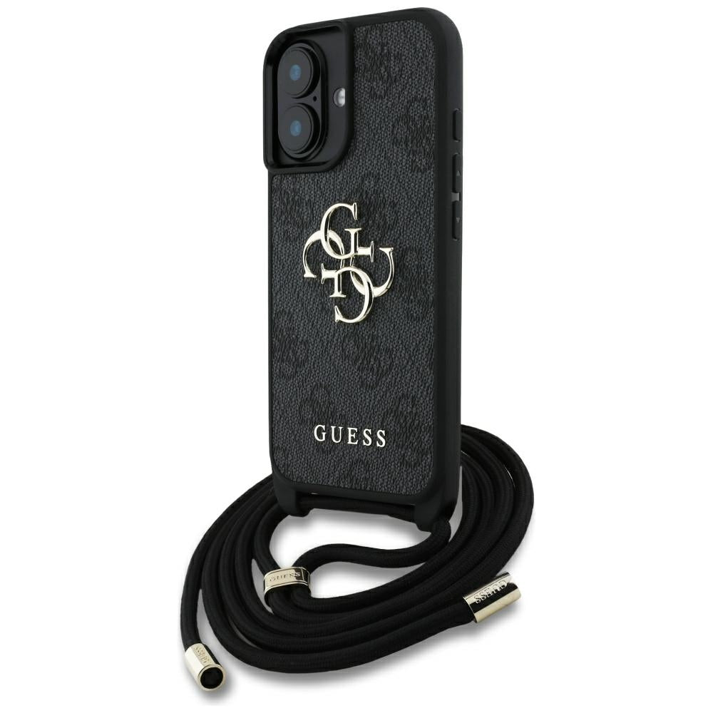 Case for Apple iPhone 16, Guess, 4G CBDY Big Logo with Cord Strap, Black