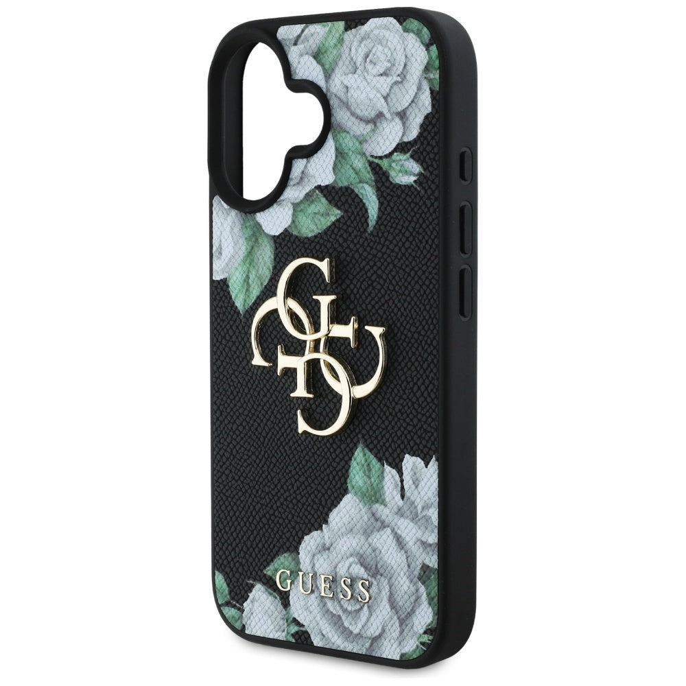 Case for Apple iPhone 16, Guess, 4G Grained Roses Big Logo, Black
