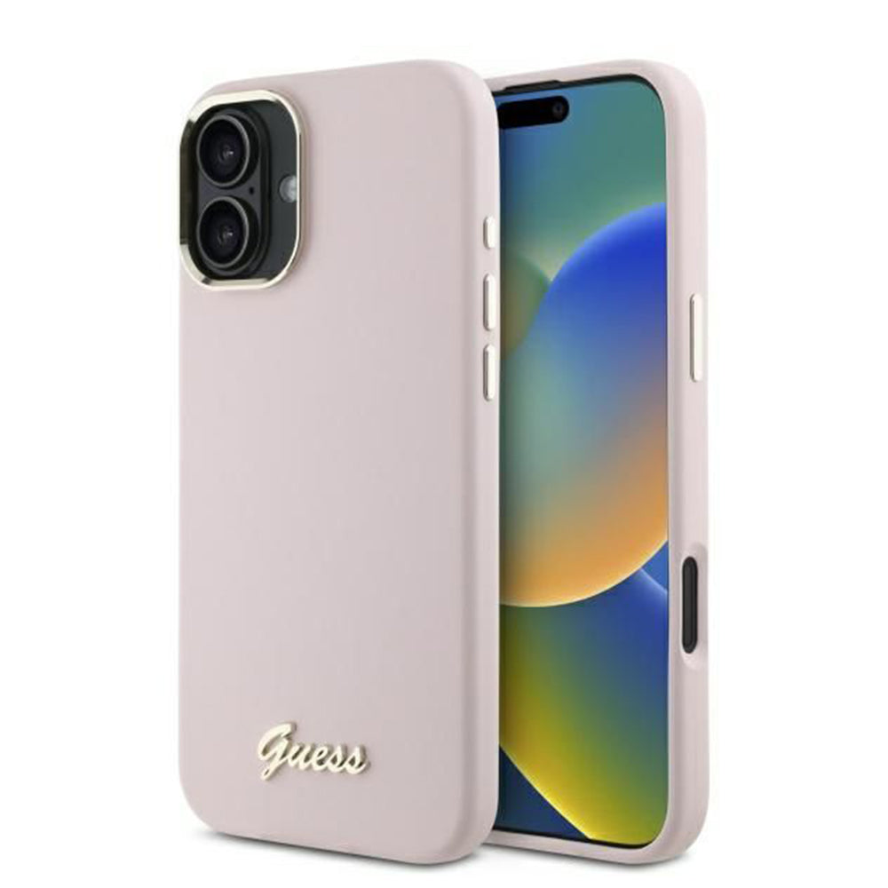 Case for Apple iPhone 16, Guess, Script Metal Logo & Frame, Pink