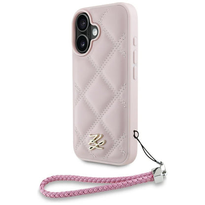 Case for Apple iPhone 16, Karl Lagerfeld, Quilted Initial Logo & Chain Strap, Pink