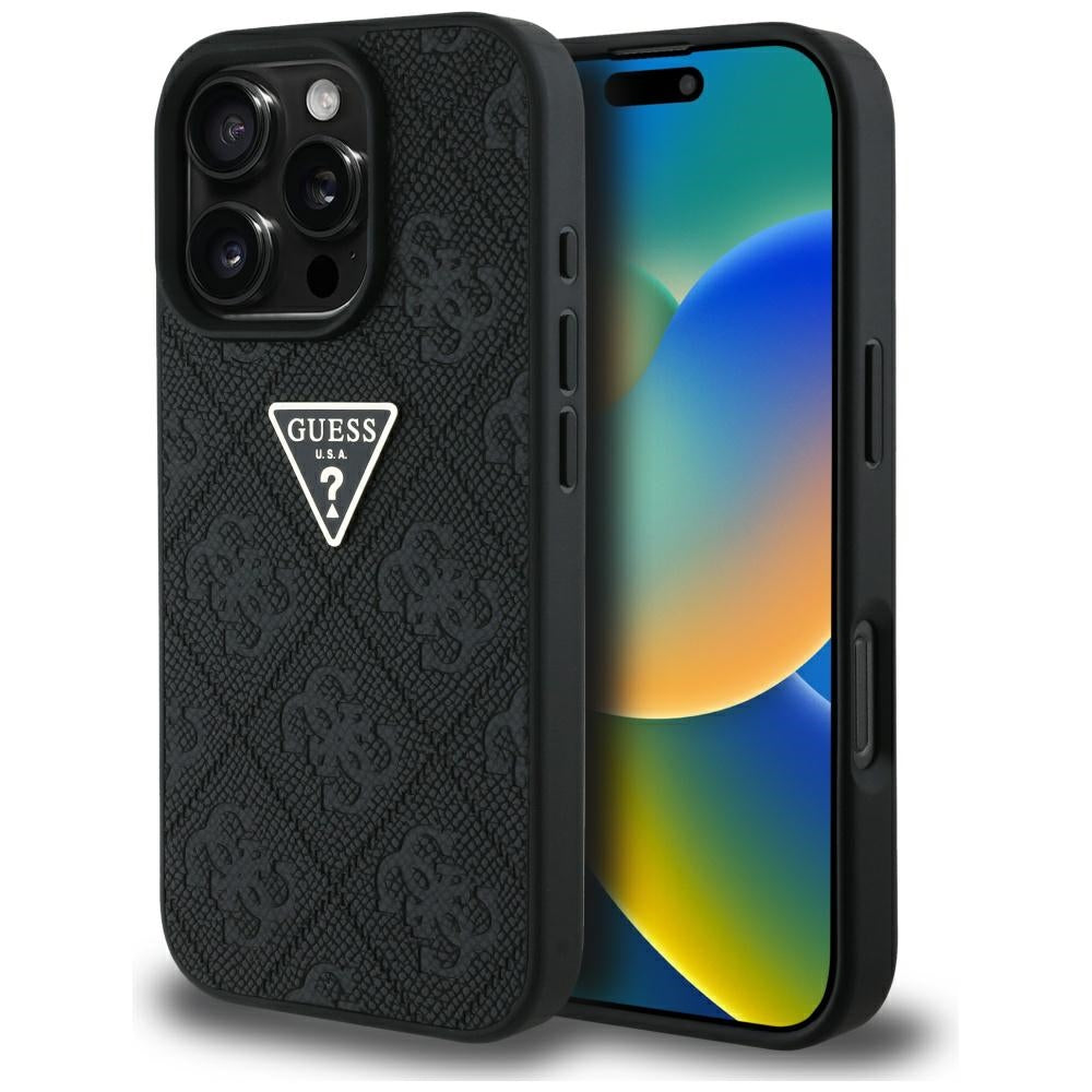 Case for Apple iPhone 16 Pro, Guess, Hot Stamp 4G Pattern Triangle Logo, Black