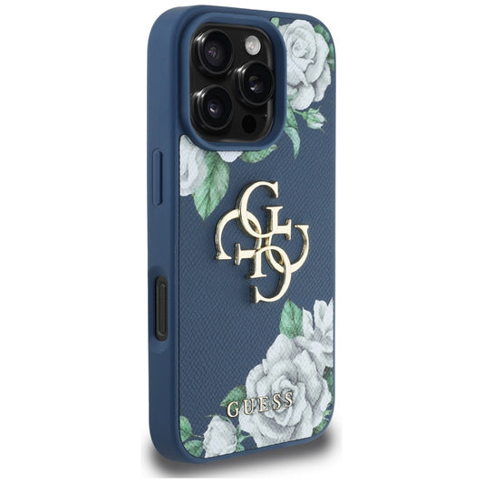 Case for Apple iPhone 16 Pro Max, Guess, 4G Grained Roses Big Logo, Blue