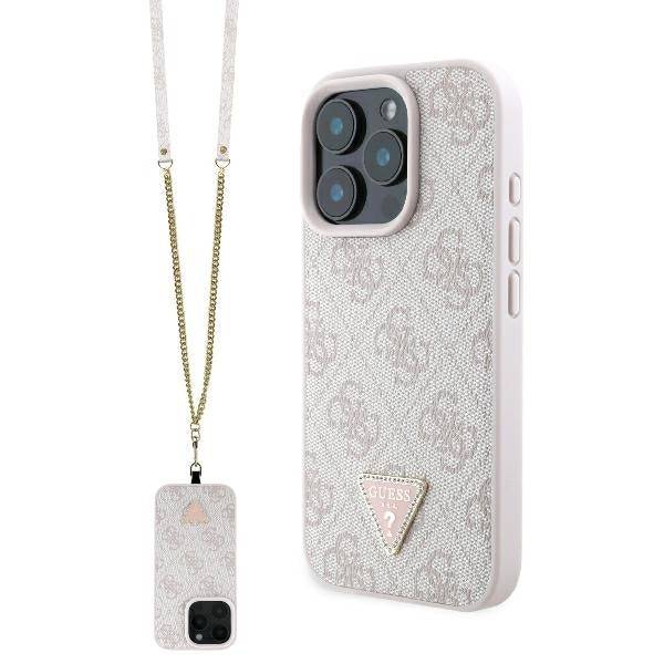 Case for Apple iPhone 16 Pro Max, Guess, Crossbody 4G Triangle Strass, Pink