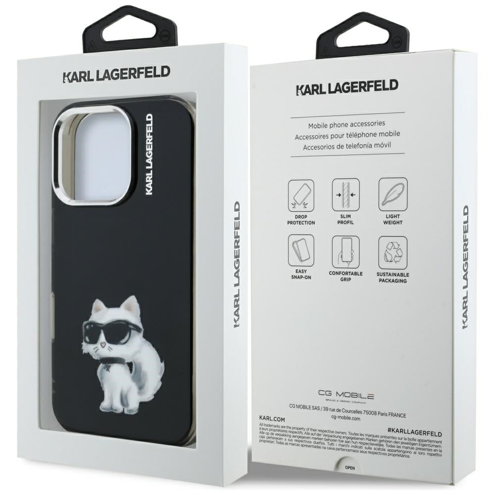 Case for Apple iPhone 16 Pro Max, Karl Lagerfeld, IML Aquarelle Logo Choupette, Black