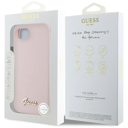 Case for Apple iPhone 16e, Guess, Script Metal Logo, Pink
