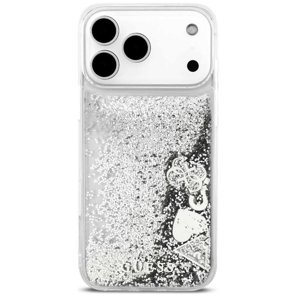 Case for Apple iPhone 18 Pro / 17 Pro, Guess, Liquid Glitter Charms, Silver