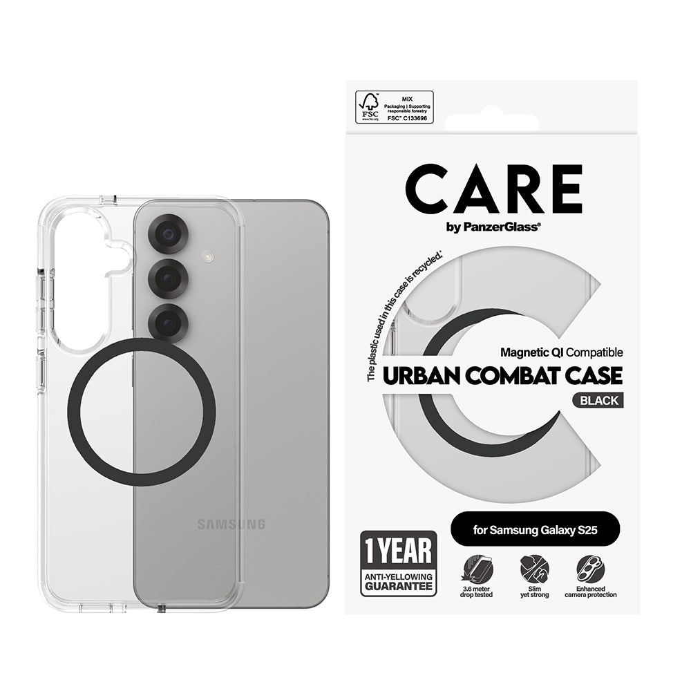 Case for Samsung Galaxy S25 S931, PanzerGlass, Urban Combat Care, Black Transparent